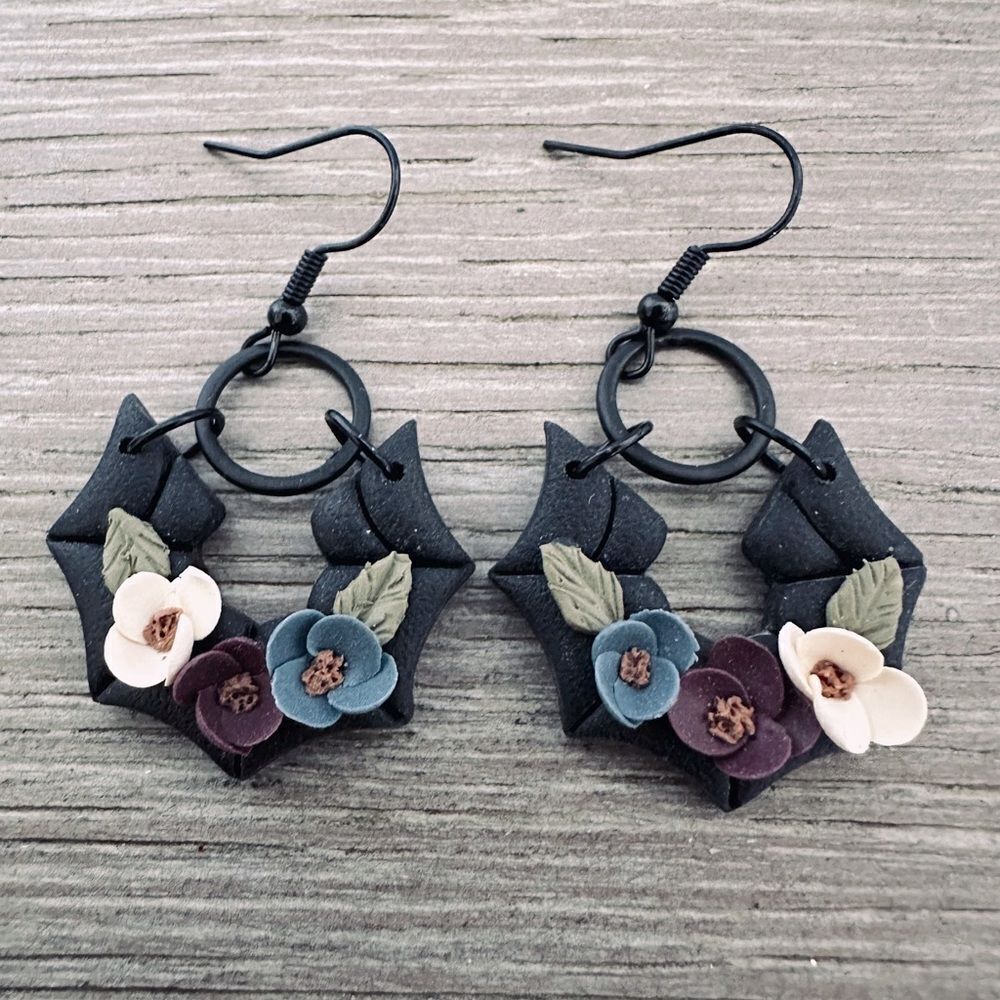Gothic Floral Clay Handmade Fall Halloween Bat Spiderweb Earrings